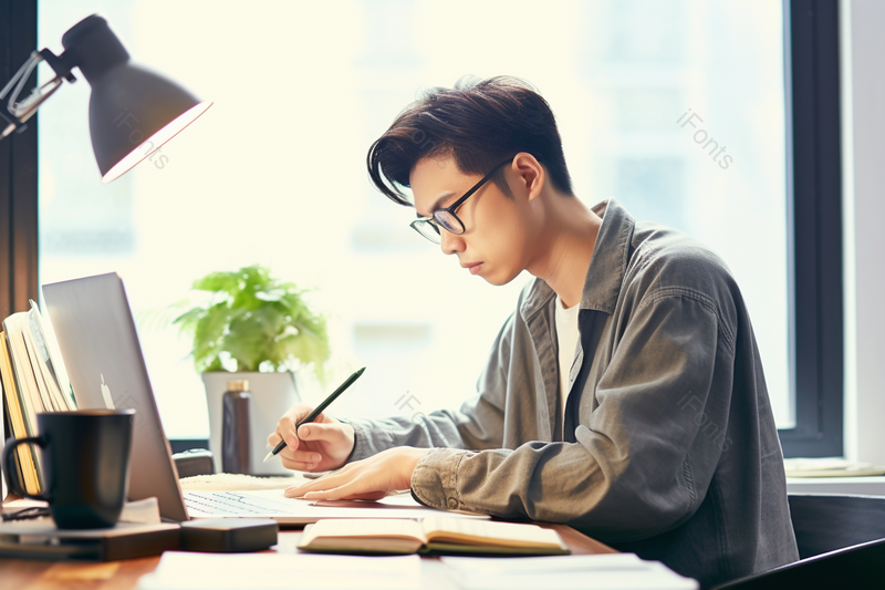 年轻男设计白领带着眼镜认真办公,高清,摄影图,摄影图片,图片大全,摄影图免费下载